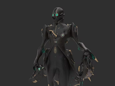 Black Mechanical Humanoid Figure With Green Glowing Accents And Gold Metallic Details 3d model