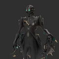 Black Mechanical Humanoid Figure With Green Glowing Accents And Gold Metallic Details