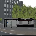 Modern Urban Post Station with Service Windows Green Trees and Tall Buildings
