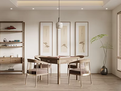 Hotel Mahjong Room Interior With Wooden Table Chairs Decorative Paintings And Pendant Lamp 3d model