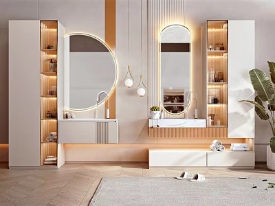 Modern Bathroom Vanity Cabinet With Double Mirrors Open Shelves LED Lighting And Storage Design 3d model