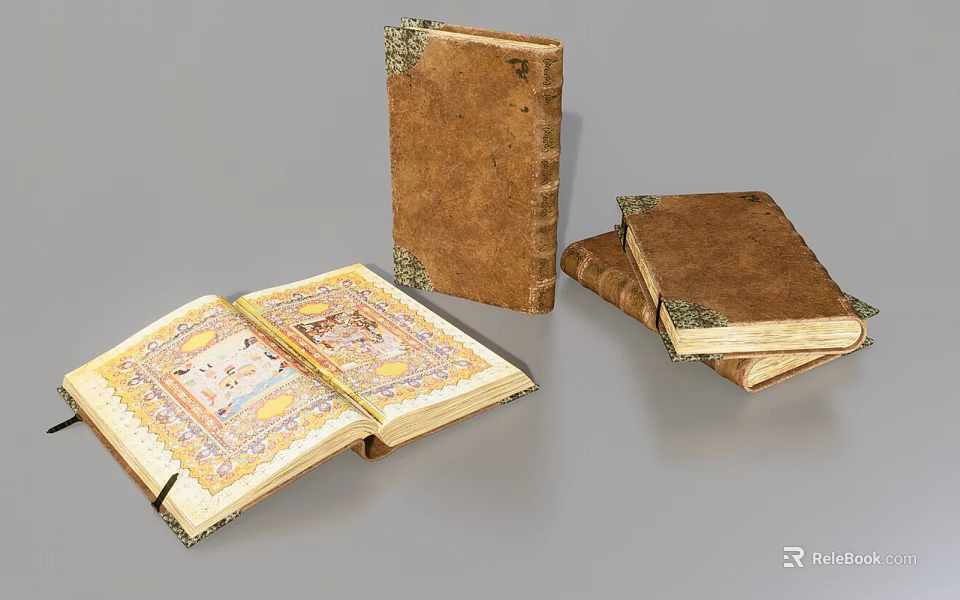 Vintage Leather Bound Books With Brown Covers Colorful Illustrated Pages And Decorative Edges 3d model 