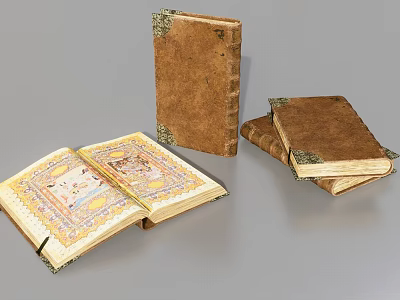 Vintage Leather Bound Books With Brown Covers Colorful Illustrated Pages And Decorative Edges 3d model