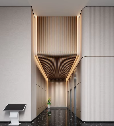 Elevator Hallway Modern Interior Design With Wooden Slats Ceiling And Ambient Wall Lighting 3d model