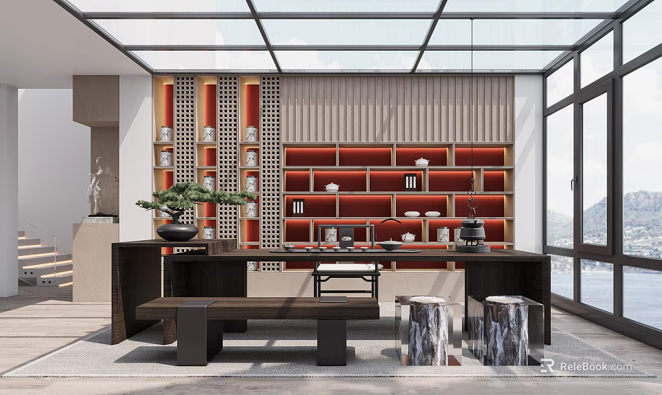 Elegant Tea Room Interior Design With Red Shelves Tea Sets Wooden Table And Stone Stools 3d model 