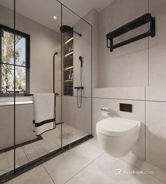 Modern Bathroom Interior With Glass Shower Partition Gray Tile Walls Black Hardware And Toilet 3d model 