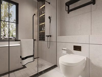 Modern Bathroom Interior With Glass Shower Partition Gray Tile Walls Black Hardware And Toilet 3d model