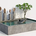 Garden Ornament With Water Basin Rippling Surface Gray Pillars Dry Branches And Green Mossy Ground