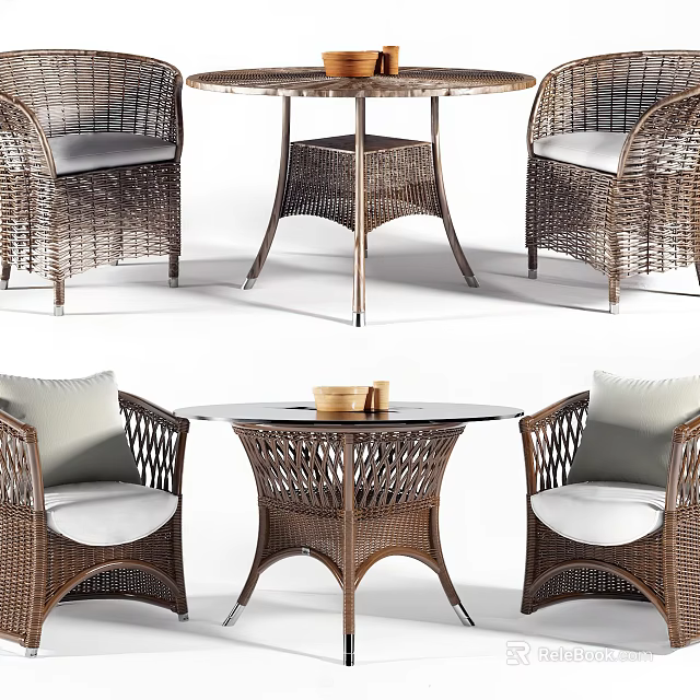 Stylish Wicker Outdoor Table With Round Top Matching Chairs And Soft Cushions 3d model 