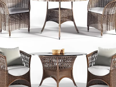 Stylish Wicker Outdoor Table With Round Top Matching Chairs And Soft Cushions 3d model