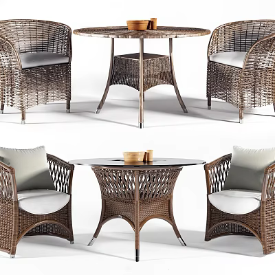 Stylish Wicker Outdoor Table With Round Top Matching Chairs And Soft Cushions 3d model