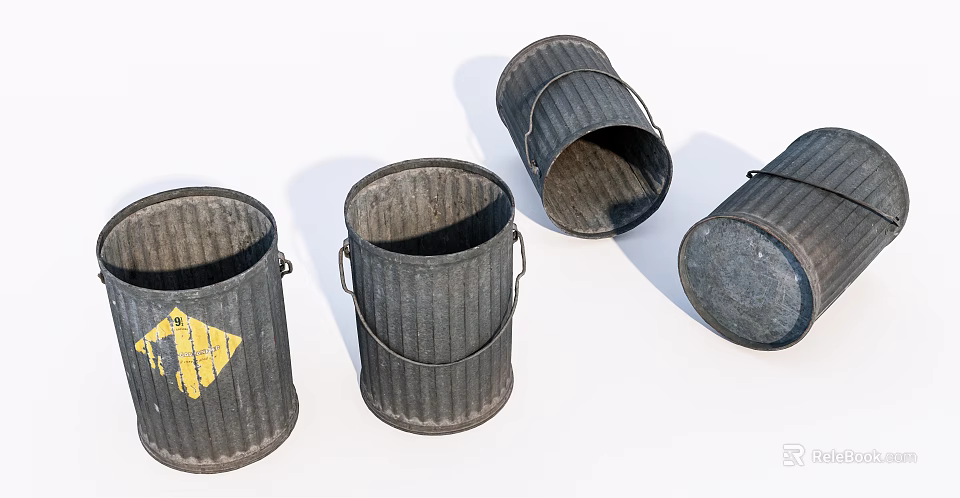 Industrial Equipment Metal Buckets With Corrugated Design And Yellow Warning Sign 3d model 