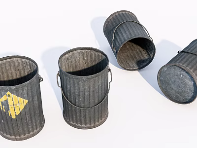 Industrial Equipment Metal Buckets With Corrugated Design And Yellow Warning Sign 3d model