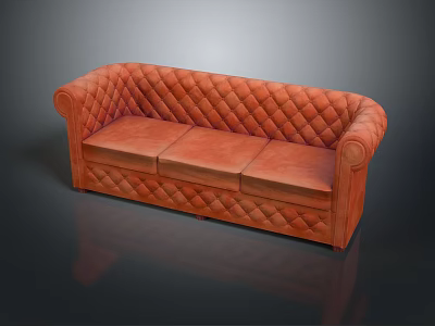 Elegant Orange Quilted Leather Sofa With Rounded Arms And Timeless Design 3d model