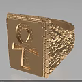 Golden Metal Ring With Ankh Symbol And Carved Textured Surface Design