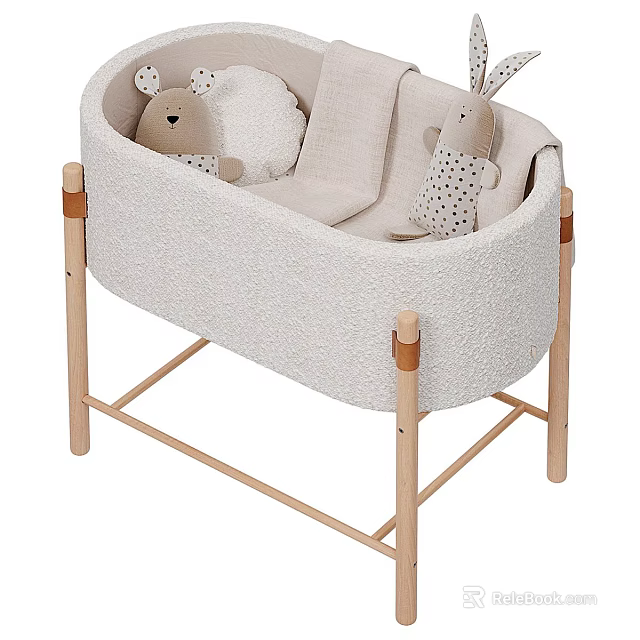 Light Colored Padded Baby Crib With Wooden Frame And Plush Rabbit Toys 3d model 