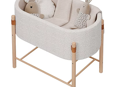 Light Colored Padded Baby Crib With Wooden Frame And Plush Rabbit Toys 3d model