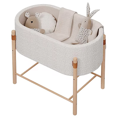 Light Colored Padded Baby Crib With Wooden Frame And Plush Rabbit Toys 3d model