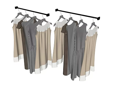 Stylish Women Dresses Hanging On Racks With Gray Beige And White Trim Styles 3d model