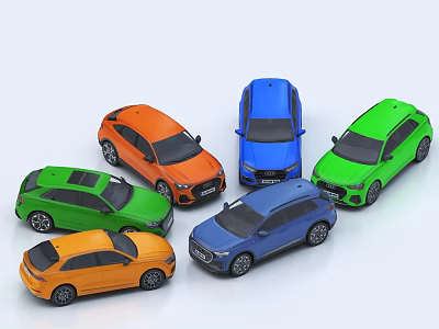 Colorful Car Models In Orange Blue Green And Dark Blue Hues 3d model