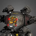 Futuristic Battle Mech With Armored Body Multiple Cannons And Glowing Yellow Red Lights