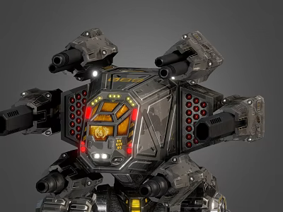 Futuristic Battle Mech With Armored Body Multiple Cannons And Glowing Yellow Red Lights 3d model