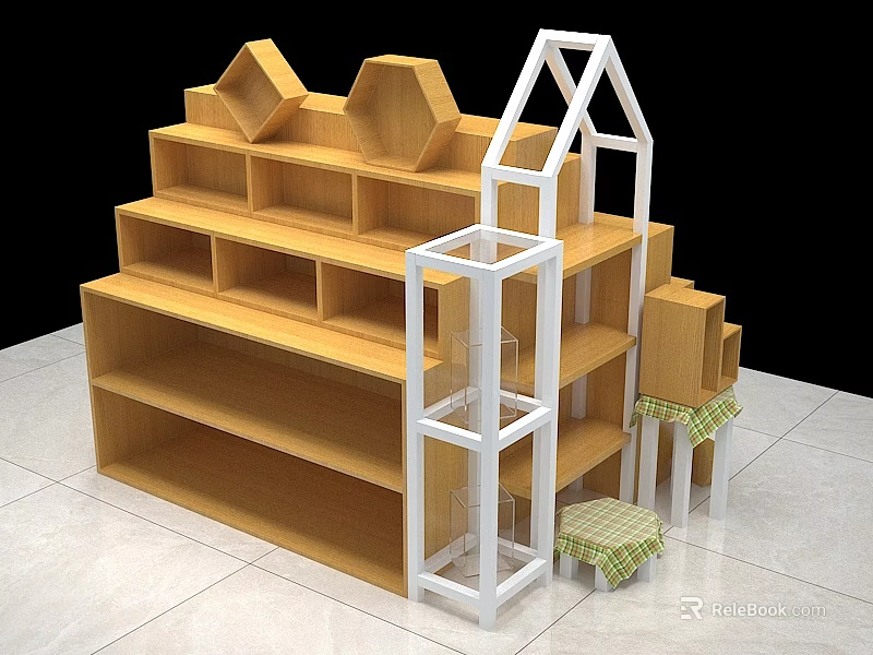 Floral Display Decor With Wooden Shelves White Geometric Frames And Green Checkered Stools 3d model 