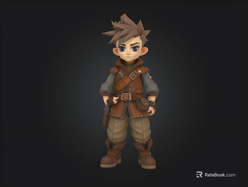 Cartoon Adventure Character With Brown Hair Vest Khaki Pants Brown Boots 3d model 