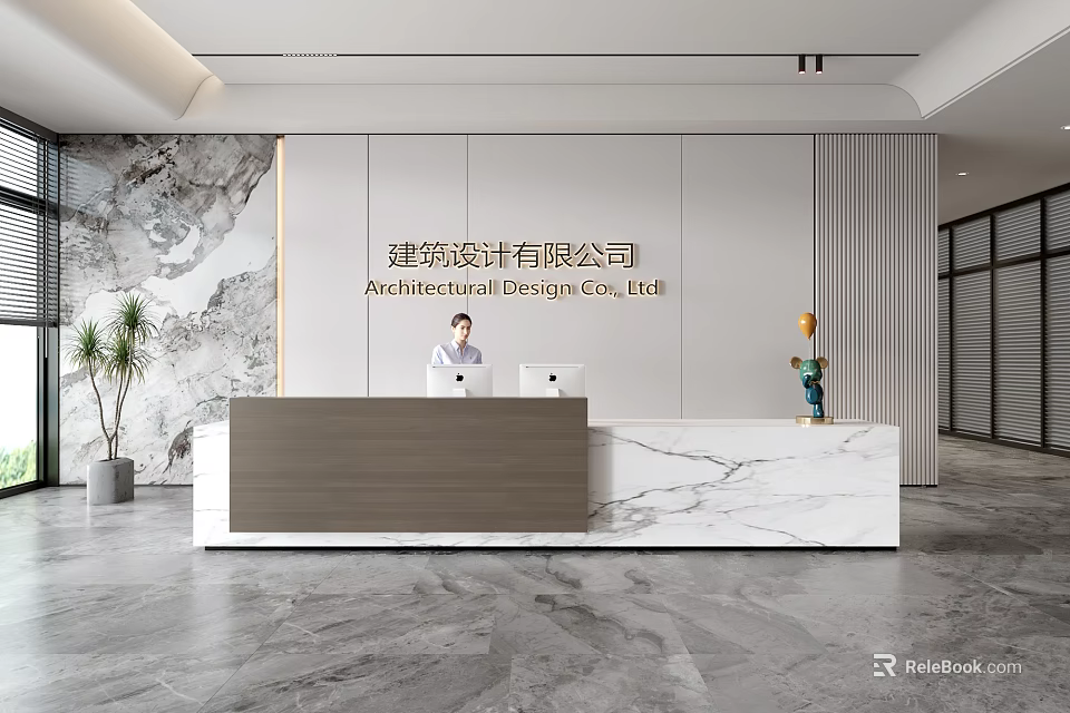 Modern Reception Desk with Marble Countertop and Company Name in Office Lobby 3d model 