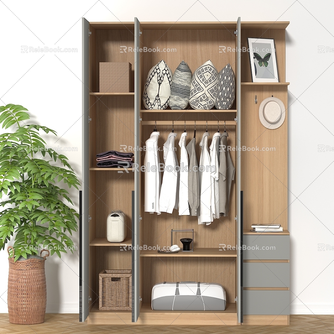 Log Style Wardrobe Three-door Wardrobe Side Cabinet 3d model