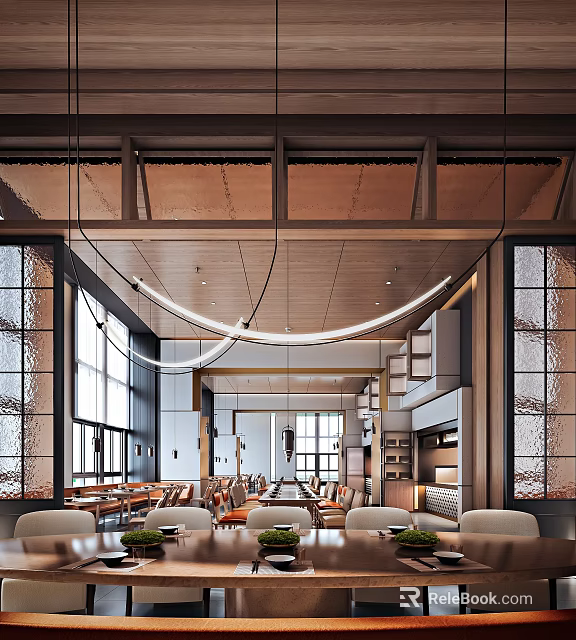 Modern Restaurant Interior Design With Pendant Lights Large Windows And Wooden Dining Tables 3d model 