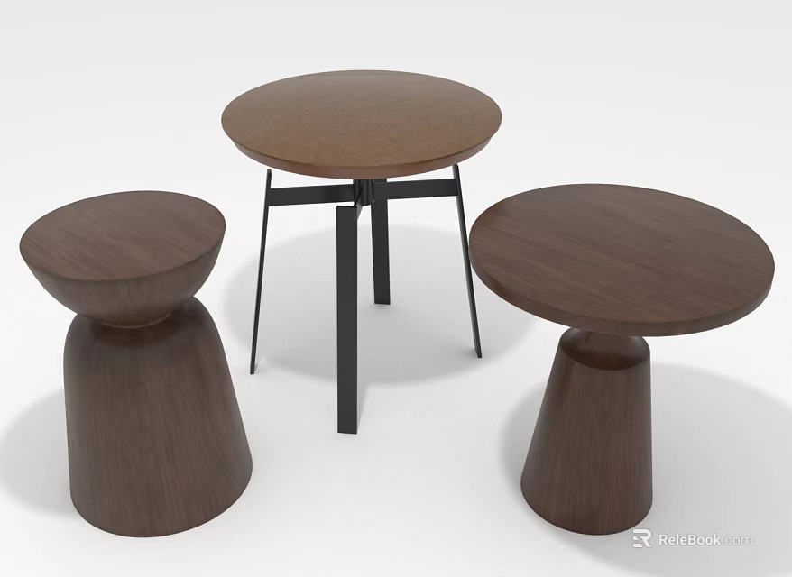 Modern Round Dining Tables with Wooden Tops Black Legs and Cylindrical Bases 3d model 