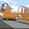 Bright Yellow Container Building With Cat Face Headphones Bear Sculpture And People Under Blue Sky