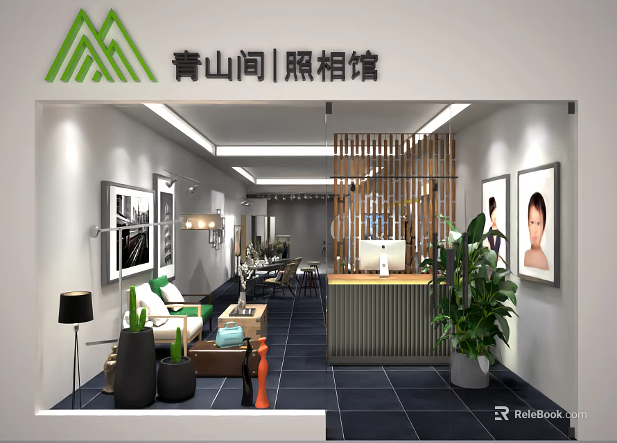 Modern Photography Studio Interior With Sofa Green Plants Reception Counter And Photo Frames On Wall 3d model 