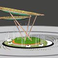Contemporary Curved Pergola With Mosaic Grid Top Slender Metal Pillars White Spheres On Green Lawn