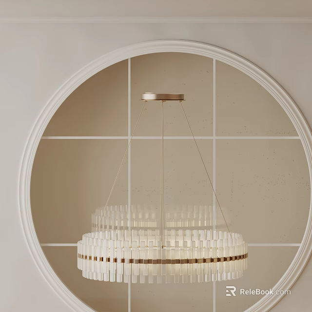 Interior Layered White Chandelier With Wooden Accents And Circular Frame On Grid Patterned Wall 3d model 