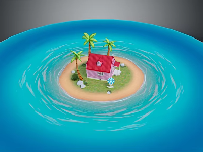 Pink House With Red Roof On Tropical Island Surrounded By Blue Water And Palm Trees 3d model