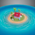 Pink House With Red Roof On Tropical Island Surrounded By Blue Water And Palm Trees