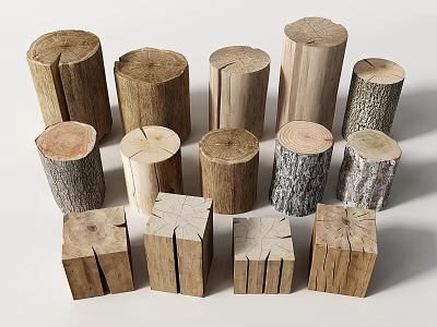 Rustic Natural Wood Decorative Materials Including Round Logs and Square Blocks 3d model
