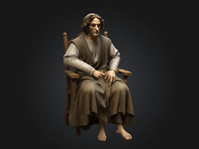Detailed Seated Man Statue In Robe On Wooden Chair With Dark Background 3d model