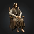 Detailed Seated Man Statue In Robe On Wooden Chair With Dark Background
