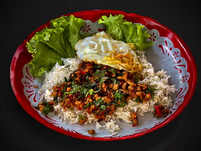Delicious Rice Bowl With Minced Meat Fried Egg And Fresh Lettuce On Red Plate 3d model