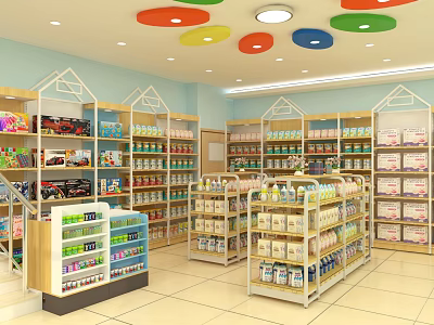 Bright Retail Store Interior With Shelves Full Of Various Products And Colorful Ceiling Decor 3d model