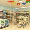 Bright Retail Store Interior With Shelves Full Of Various Products And Colorful Ceiling Decor