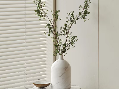 White Marble Texture Vase With Green Branches And Leaves By Window Blinds 3d model