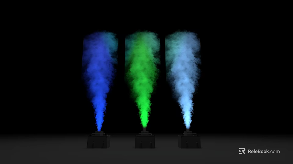 Three Launch Devices Emitting Blue Green White Smoke On Black Background 3d model 