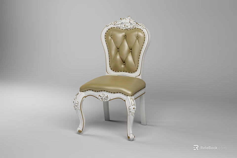 Ornate Classic Dining Chair With Gold Tufted Upholstery And White Carved Frame 3d model 