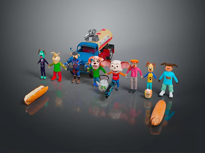 Game and Movie Characters with Colorful Outfits Truck and Hot Dogs 3d model