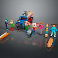 Game and Movie Characters with Colorful Outfits Truck and Hot Dogs