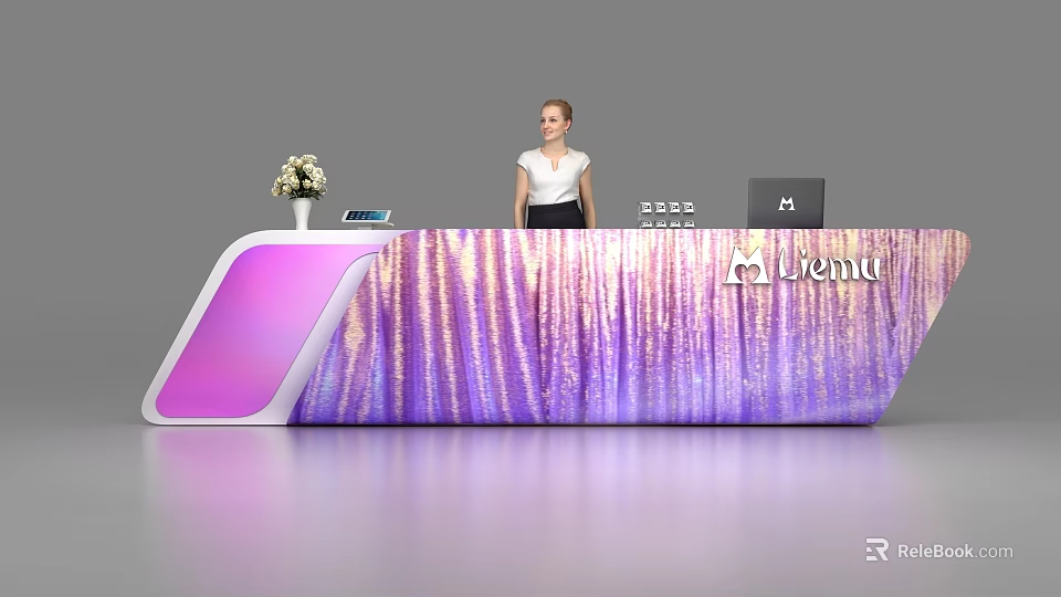 Elegant Reception Desk With Purple Pink Sparkling Surface Flower Vase Tablet And Menu Sign 3d model 